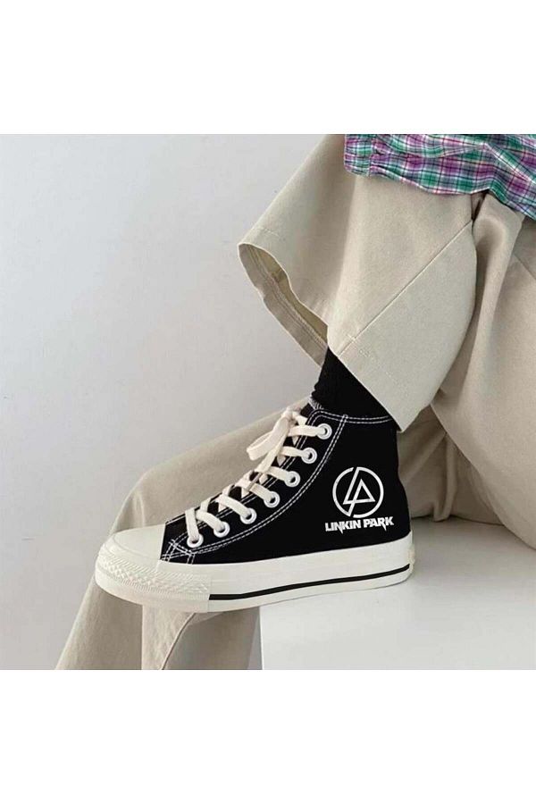 Toum-OnlyMoon Rock Series - Linkin Park Patterned Black Canvas Shoes 1