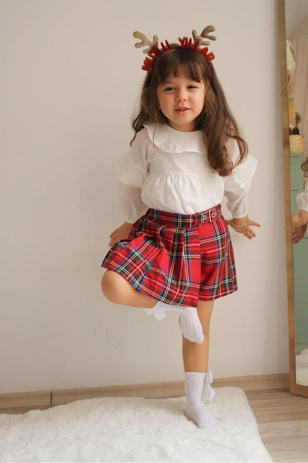 JaMolls children s checked plaid belt detail shorts over the skirt ruffle detail embroidery embroidery blouse double pinterest set Trendyol