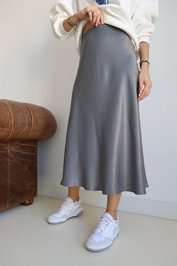 My Blog Smoke Gray Side Hidden Zippered Elastic Waist Satin Skirt Trendyol