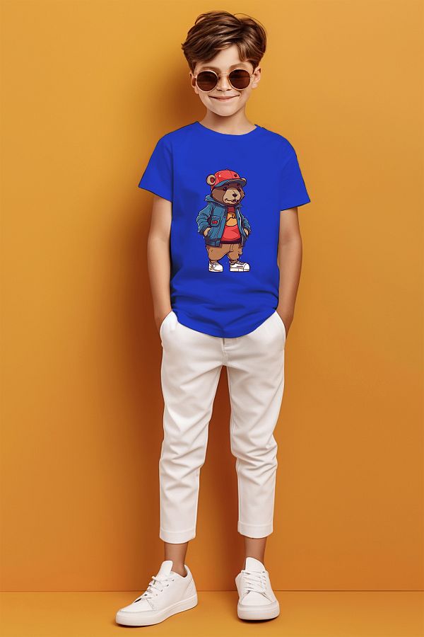 ADABEBEK-Teddy Bear Wearing a Hat Printed Boys' T-Shirt 1