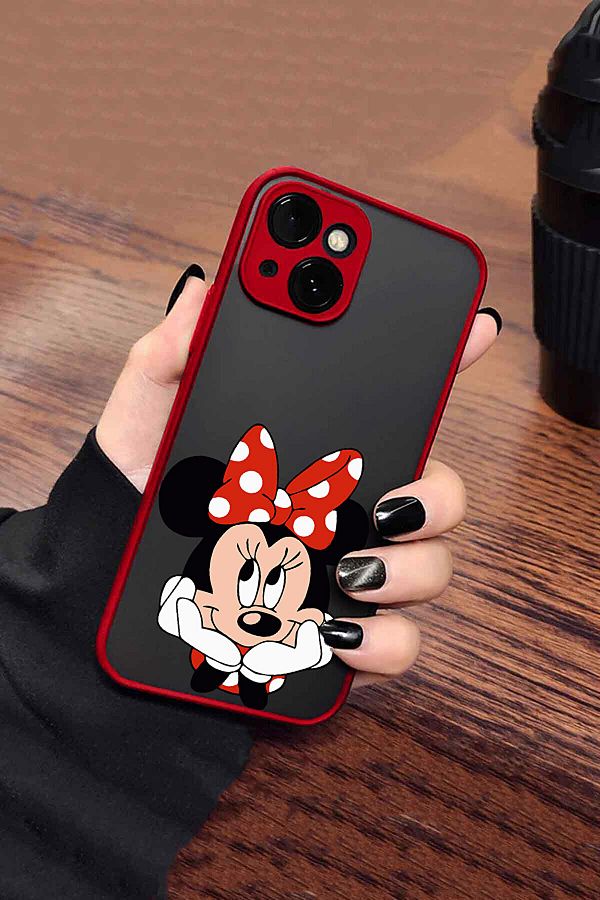 Merwish-iPhone 14 Plus and 15 Plus Compatible Minnie Patterned Transparent Case Cover with Camera Protection Red 1