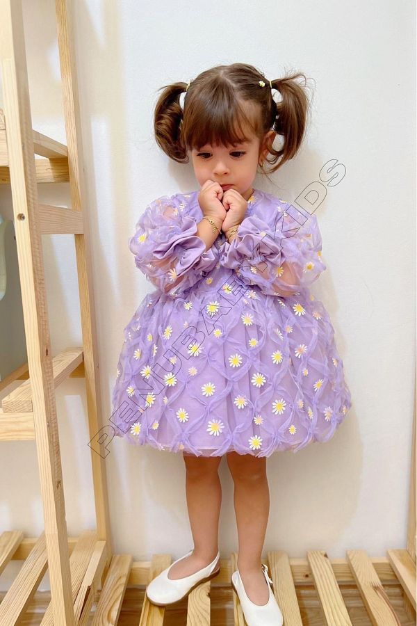 penu baby kids Lilac Daisy Detailed Long Sleeve Baby Girl Dress Trendyol