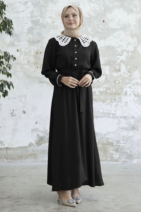 InStyle-Rochie cu brâu cu guler pentru bebeluși - neagră 1