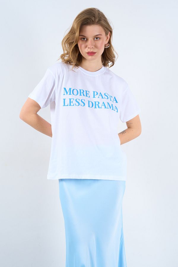 LOOSH-Crew Neck Blue More Pasta Less Drama Written T-shirt 1