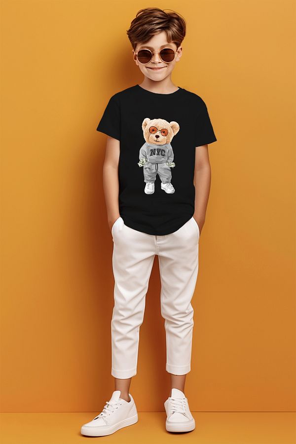 ADABEBEK-NYC Dressed Glasses Teddy Bear Printed Boys' T-Shirt 1