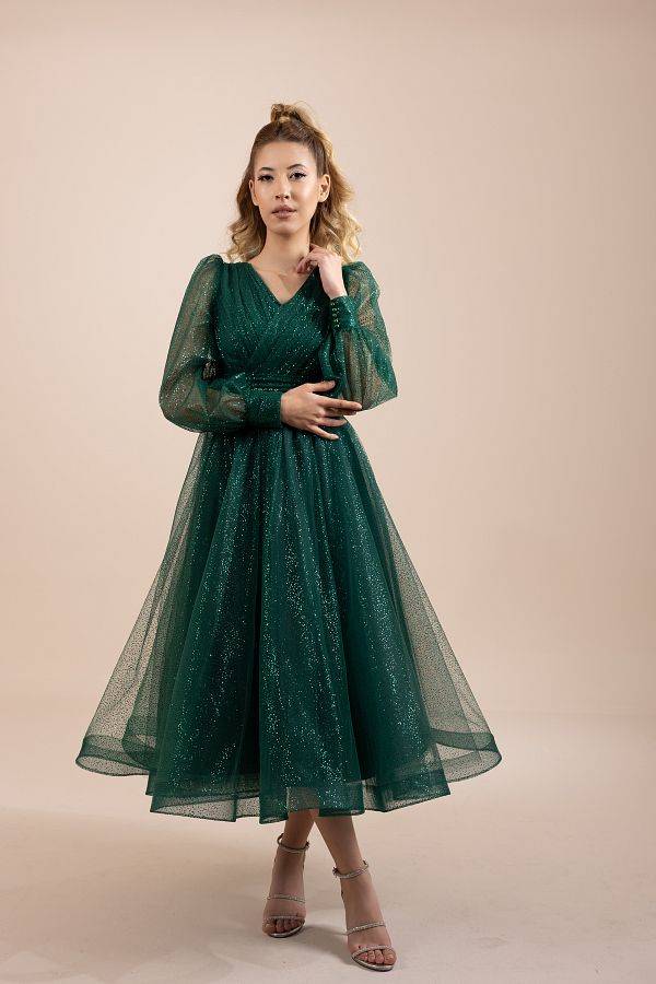 berissima bride Aurora V Neck Glitter Tulle Midi Dress Trendyol