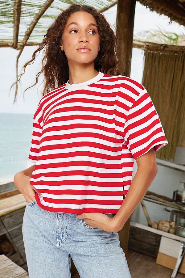 Trendyol Collection-Red Striped 100% Cotton Asymmetrical Loose/Relaxed Cut Knitted T-Shirt TWOSS24TS00058 1