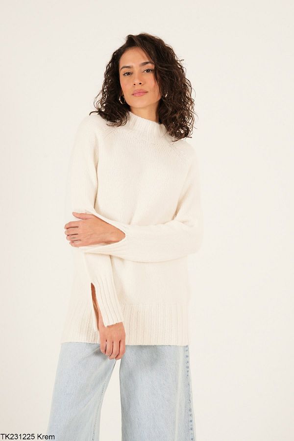 Laluvia-Krémes Sleeve Slit pulóver 1
