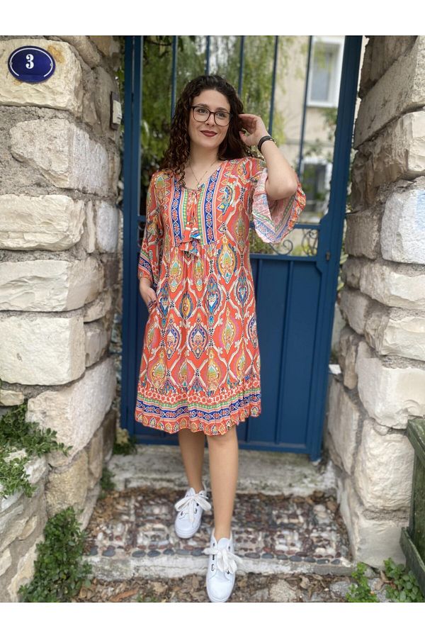 HAT CE C VELEK Bohemian Short Sleeve New Pattern Dress 632 Trendyol