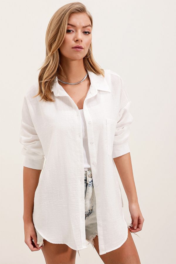Bigdart-20153 Lněná košile oversize s jednou kapsou – bílá 1