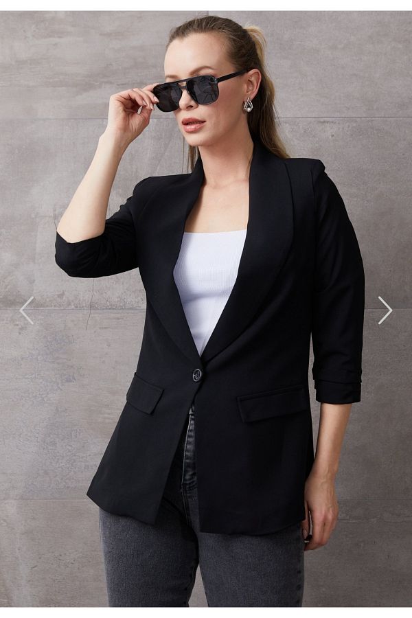 Alegante Stylish Women s Sleeve Gathered Black Blazer Jacket Trendyol