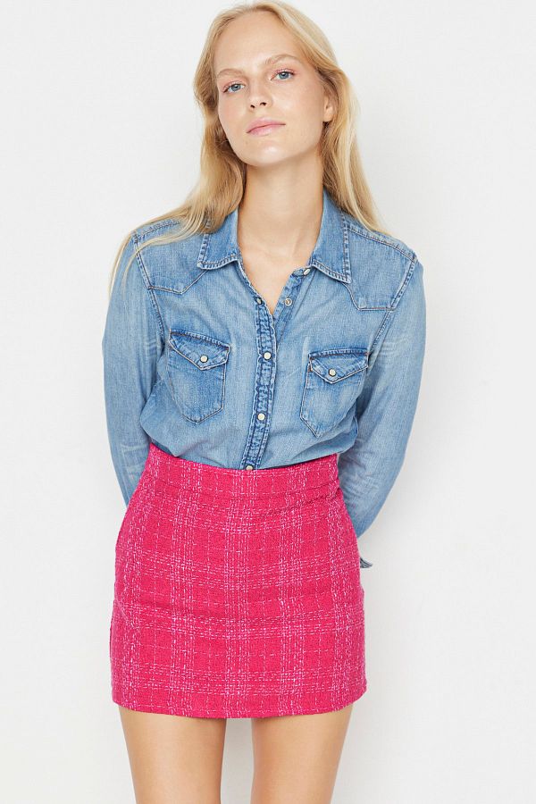 Trendyol Collection-Fustă roz din tweed mini cu tăietură dreaptă - țesătură creion, TWOAW23ET00105 1
