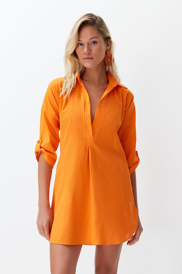 Trendyol Collection-Πορτοκαλί υφαντό βαμβακερό μίνι φόρεμα παραλίας TBESS21EL3979 1