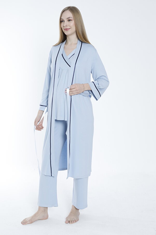 Miss Dünya Lissa Sabahlıklı Şerit Detaylı Hamile ve Lohusa Pijama Takımı