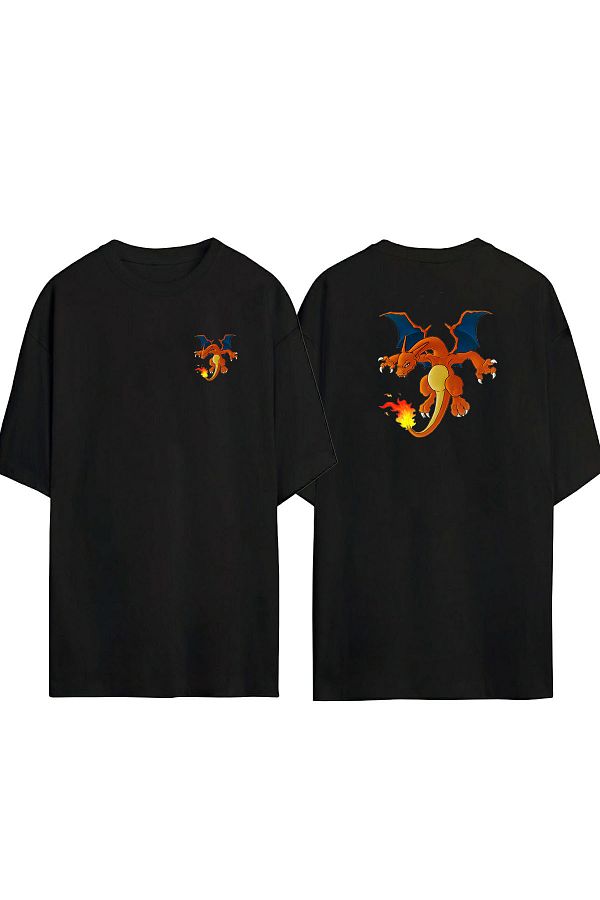THEWERT Unisex Pokemon Charizard Illustration Front Back Printed Black Oversize T shirt Trendyol