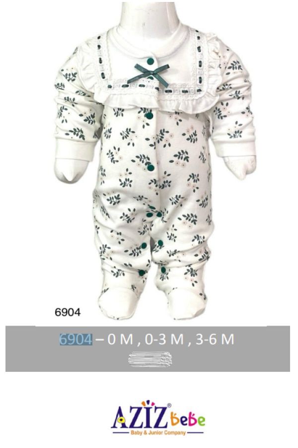 Aziz Bebe-Green Leaf Patterned Jumpsuit with Snap Fasteners (with Booties) Size 0-3-6 Months 1