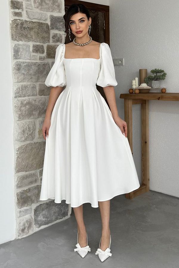 White pleated balloon sleeve bodycon dress outlet