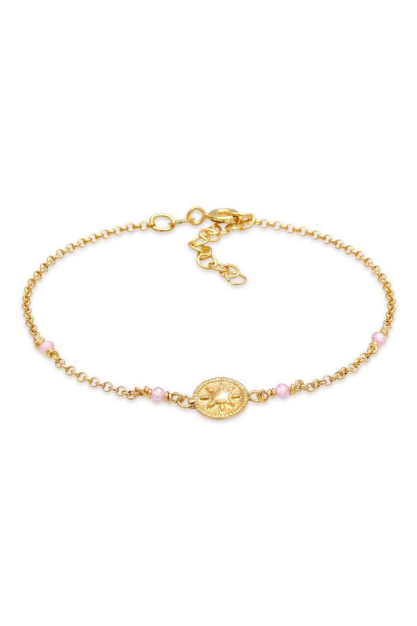 ELLI-Armband Damen Münze Sonne Vintage Trend verstellbar mit Rosenquarz in 925 Sterling Silber vergoldet 1