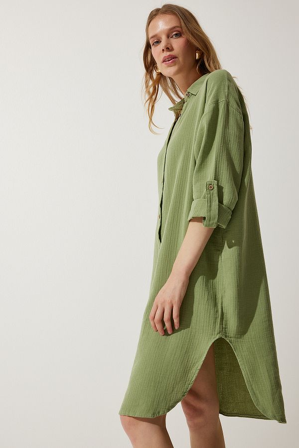 Happiness İstanbul-Grünes Oversize-Hemdkleid aus Musselin für Damen SA00021 1