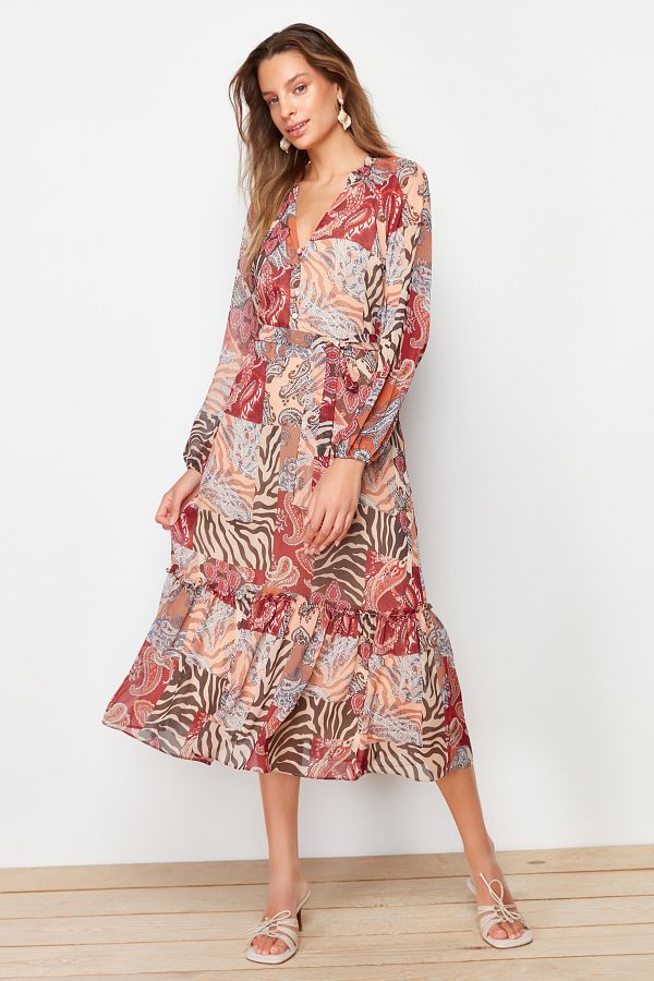 Trendyol Collection-Mehrfarbiger Rock mit ethnischem Muster, Gürtel, Volant, gefüttertem Midi-Gewebekleid TWOAW24EL00356 1