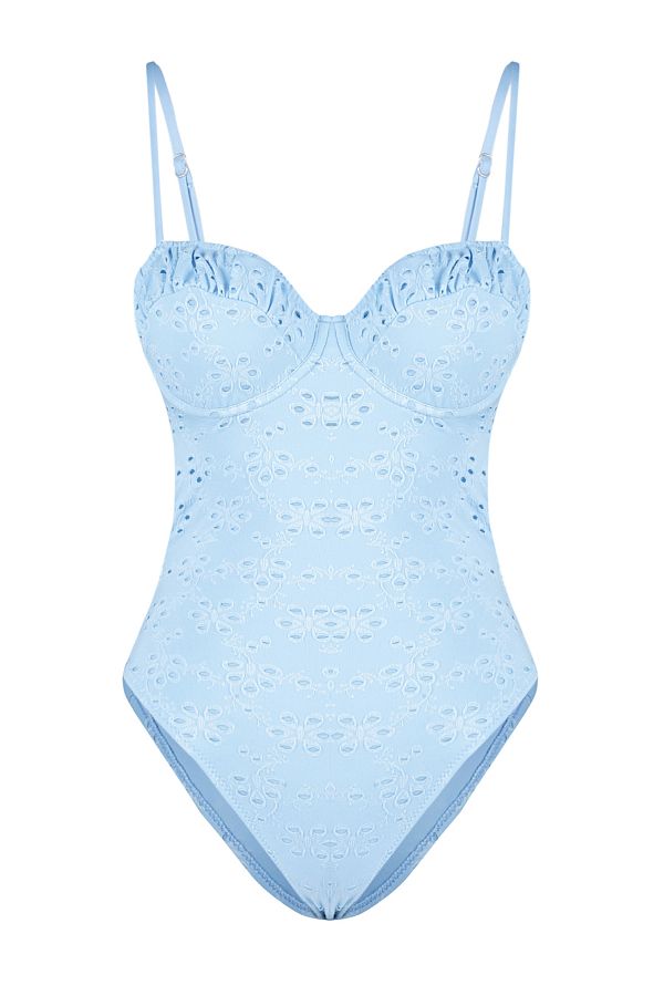 Trendyol Collection Premium Fabric Blue V Neck Tie Up Swimsuit TBESS24MA00064 Trendyol