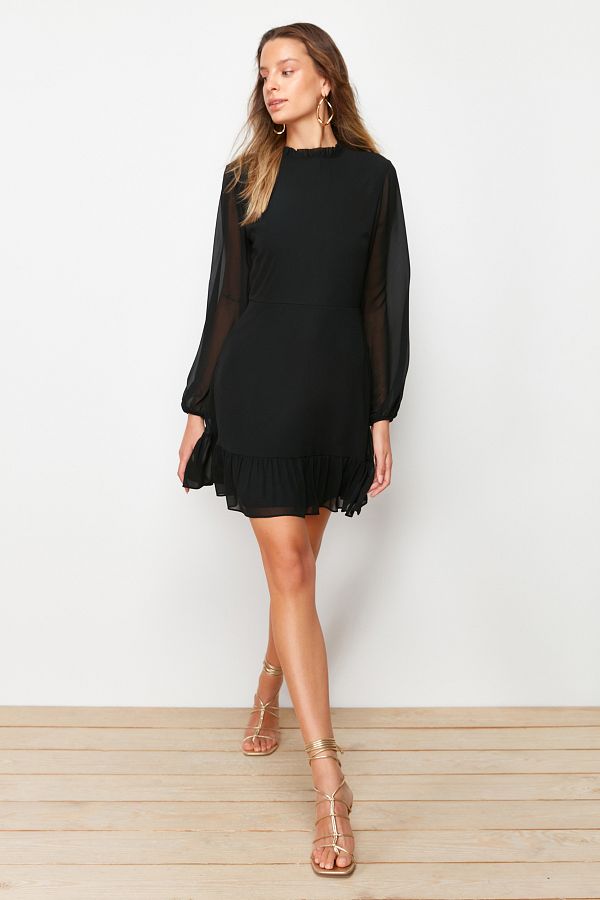 Trendyol Collection Black Chiffon Mini Dress - A-Line, Stand