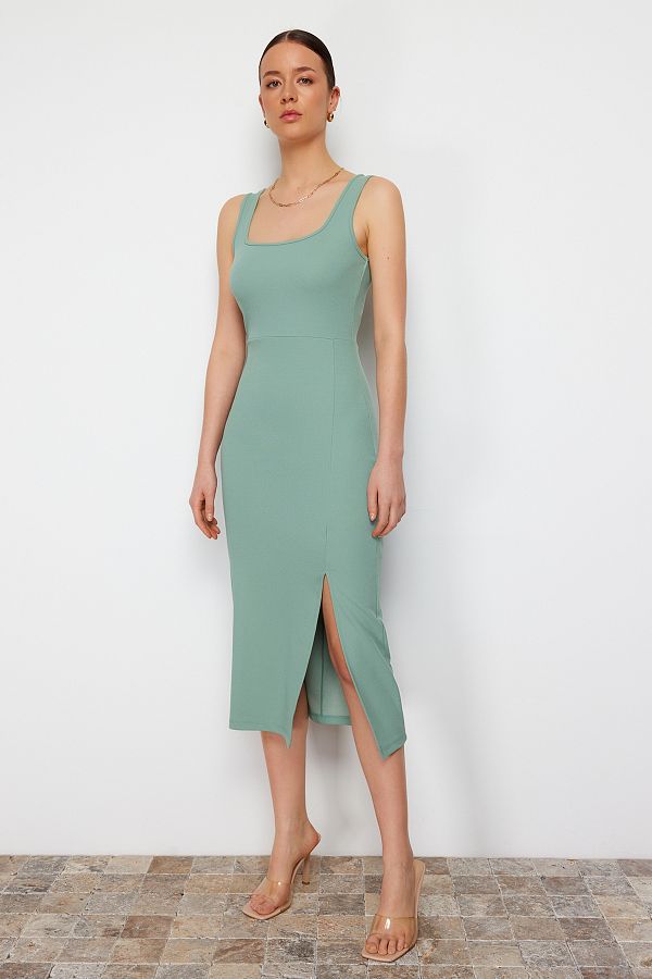 Trendyol Collection Mint Fitted Body Sitting Slit Square Collar Flexible Knitted Midi Pencil Dress TWOSS24EL00679 Trendyol