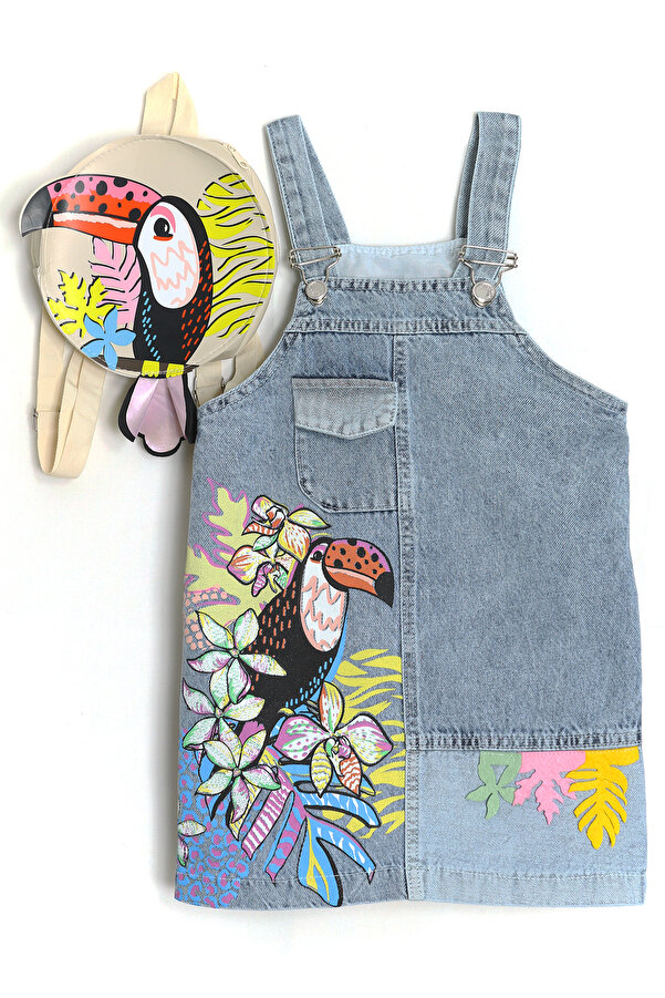 DobaKids Çantalı Baskılı Cep Detaylı Kız Çocuk Jile 2-9 Yaş Mavi