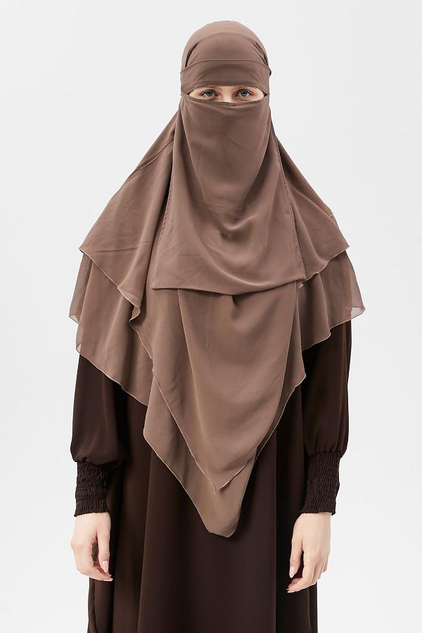 Altobeh-Ready Practical Chiffon Triple Layer with Veil Triangle Hajj Umrah Shawl Souffle Hijab Nikap Dark Mink 1