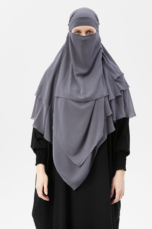 Altobeh-Ready Practical Chiffon Triple Layer with Veil Triangle Hajj Umrah Shawl Souffle Hijab Nikap Smoked 1