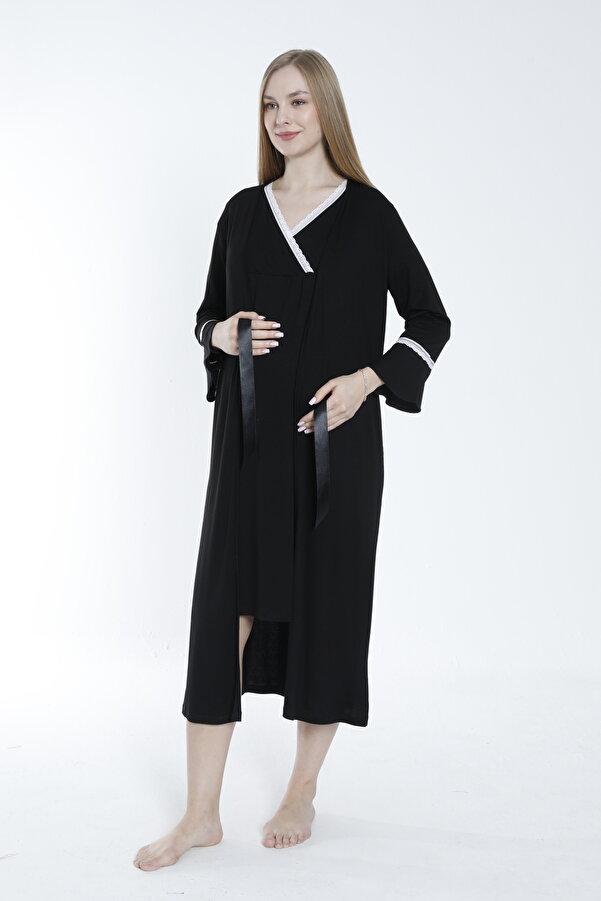 Miss Dünya Lissa Siyah Dantel Detaylı Hamile Ve Lohusa Gecelik Takımı