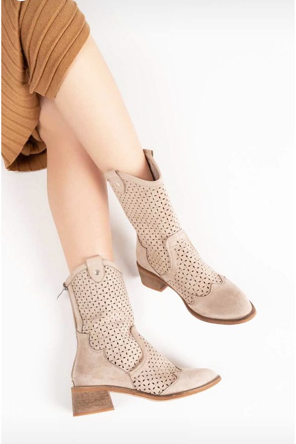 Afilli Women s Nude Perforated Short Thick Heeled Zippered Stylish Western Summer Cowboy Boots Trendyol