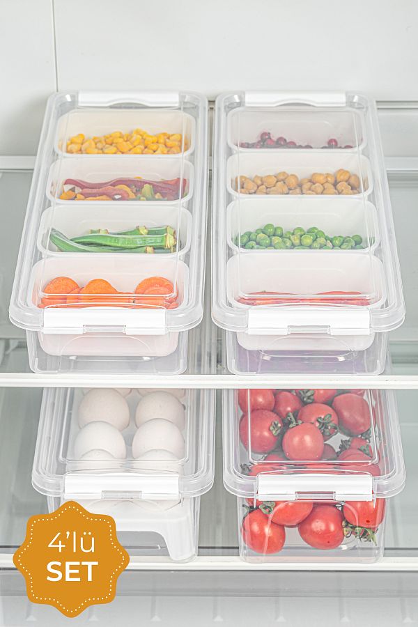 Vienev-Set of 4 Long Storage Containers with Lockable Lid 2x(2.5 Liter Boxed)2x(3.5 Liter Empty and with Egg Holder) 1