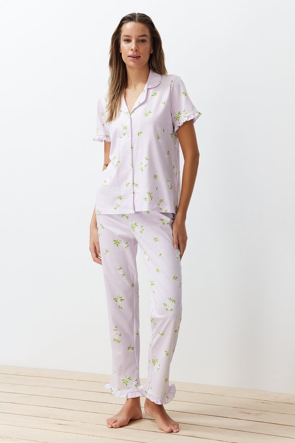 Trendyol Collection Pink-Multicolor %100 Cotton Floral Ruffle Detail Knitted Pajama Set THMSS24PT00227