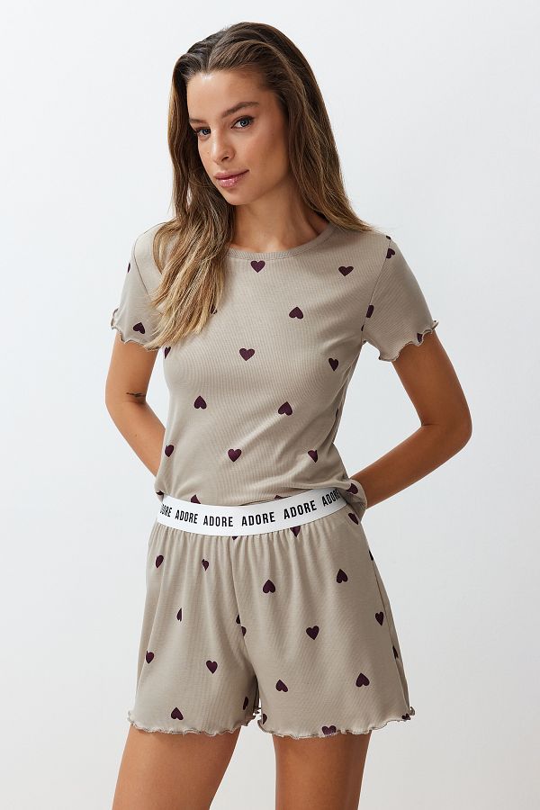 Trendyol Collection-Mintfarbenes, mit Herz-Slogan bedrucktes, elastisches, geripptes Shorts-Strick-Pyjama-Set THMSS24PT00220 1