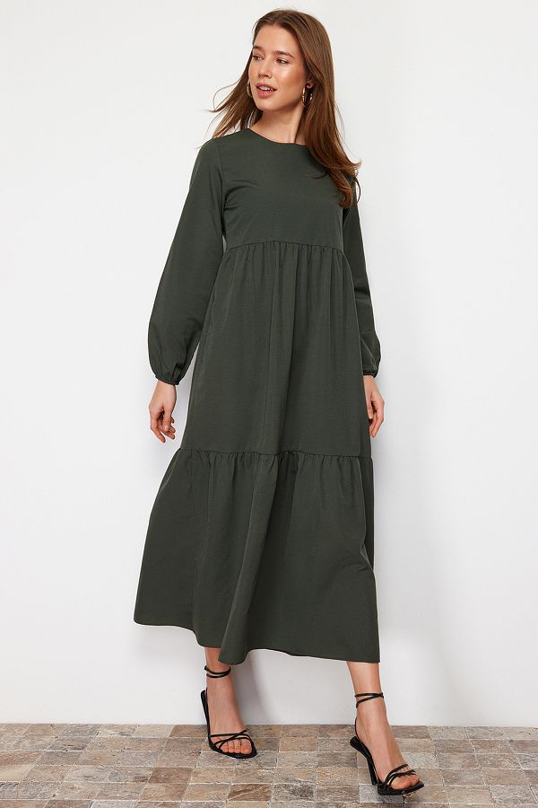 Trendyol Modest Khaki Gather Detailed Cotton Wide Fit Woven