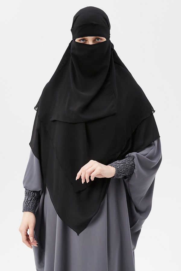 Altobeh-Ready Practical Chiffon Triple Layer with Veil Triangle Hajj Umrah Shawl Souffle Hijab Nikap Black 1
