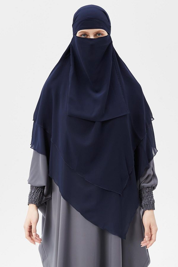 Altobeh-Ready Practical Chiffon Triple Layer with Veil Triangle Hajj Umrah Shawl Souffle Hijab Nikap Navy Blue 1