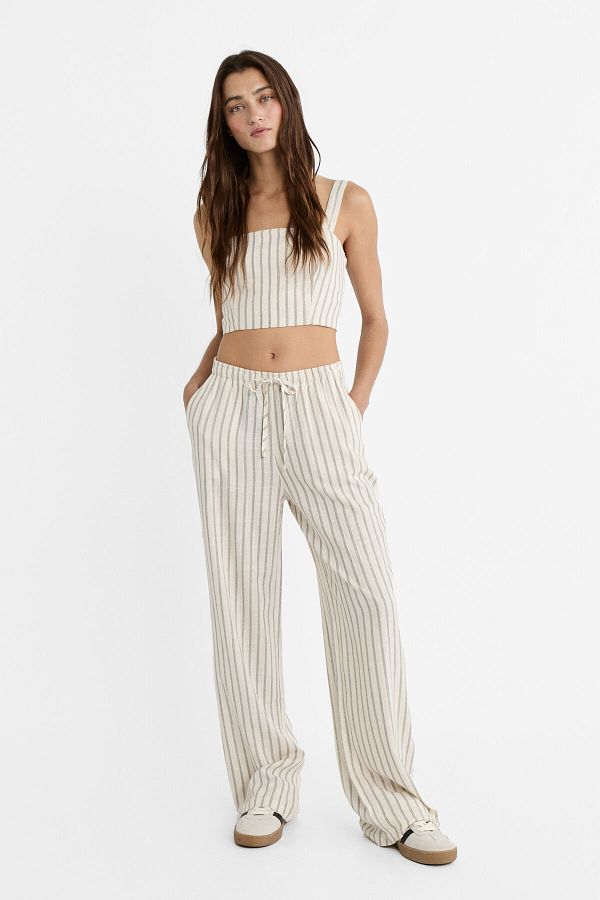 Stradivarius Elastic Waist Striped Draped Linen Mixed Pants Trendyol