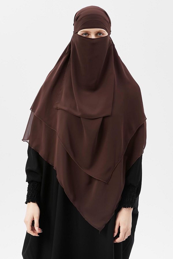 Altobeh-Ready Practical Chiffon Triple Layer with Veil Triangle Hajj Umrah Shawl Souffle Hijab Nikap Brown Color 1