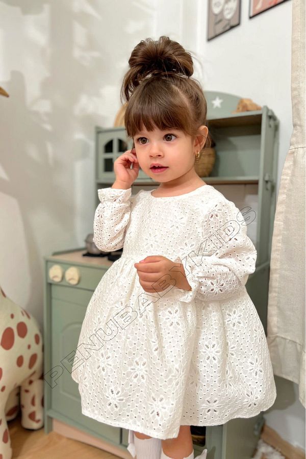 penu baby kids White Full Scallop Detailed Long Sleeve Baby Girl Dress Trendyol