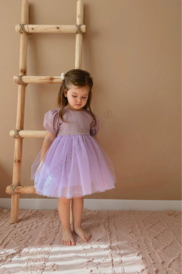 penu baby kids Mor Kısa Balon Kumaş Kol Detaylı Altı Tütülü Kız Bebek Elbise