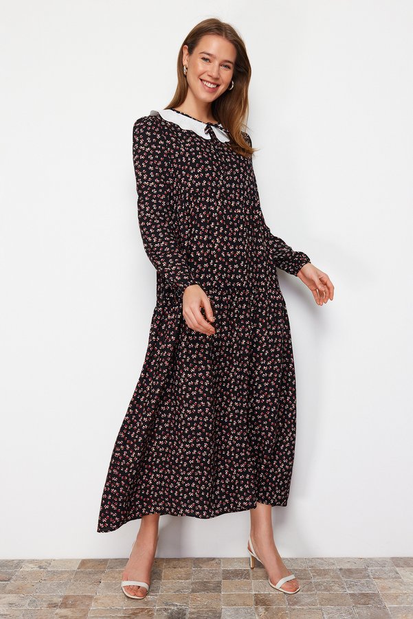Trendyol Modest Black Patterned Eyelet Embroidery Tie-Detail Collar Detail Viscose Dress TCTSS21EL3655