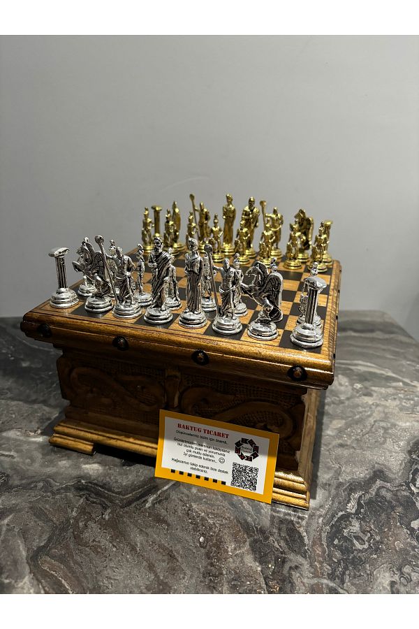 BAKTUĞ-Custom Made Chess Box with Lid 20x20 +Iron Cast Chess Set 1