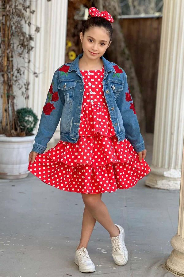 Riccotarz Girl s Flower Printed Denim Jacket Polka Dot Layered Pleated Red Dress Trendyol