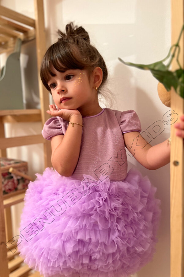 penu baby kids Lila Tütülü Kısa Kol Kız Bebek Elbise - Princess