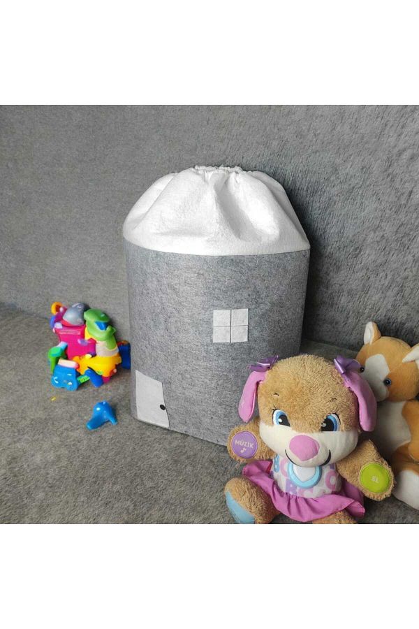 CimriKese-Large Size Felt House Patterned Toy and Laundry Basket with Bag 1