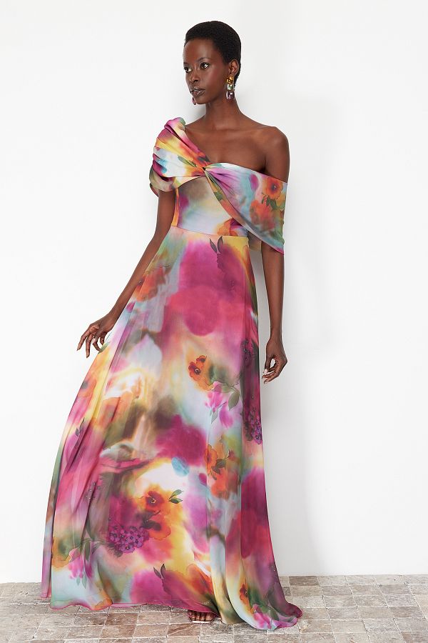 Trendyol Collection Asymmetrical Collar and Multicolor Chiffon Evening Dress A Cut Lined Long Night Woven TPRSS24AE00055 Trendyol