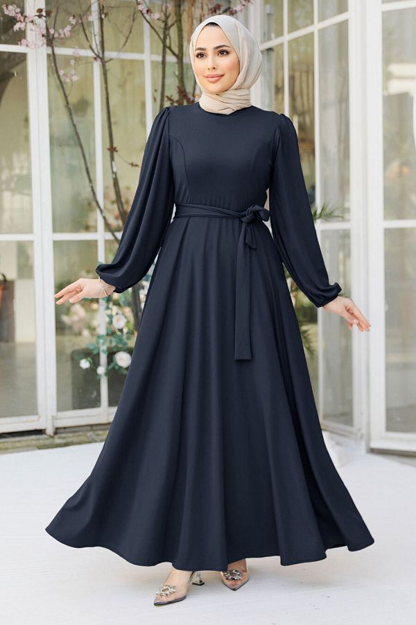 Neva Style Navy Blue Hijab Dress with Belt 23101L Trendyol