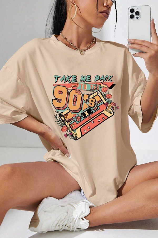 MODAGEN Unisex Beige Crew Neck 90's Printed Oversize T-Shirt - Trendyol